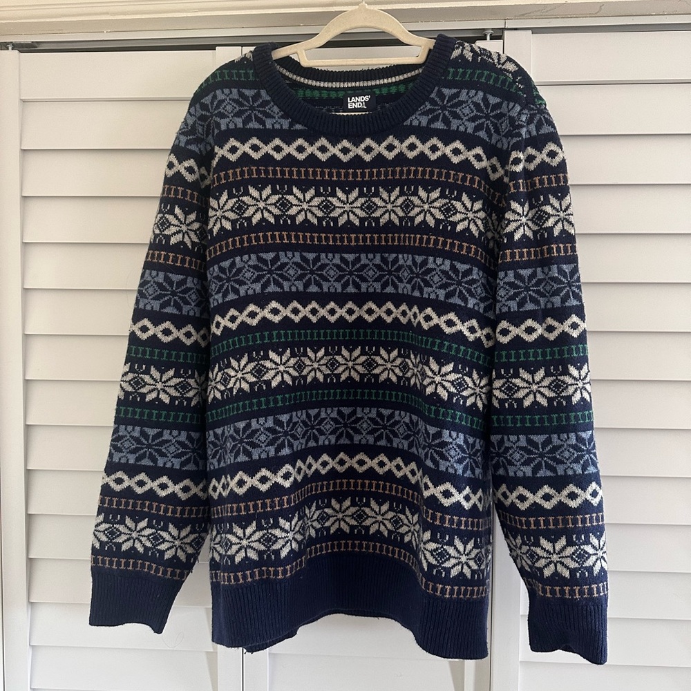 NWOT Lands' End Blue and Green Fair Isle Crewneck Sweater